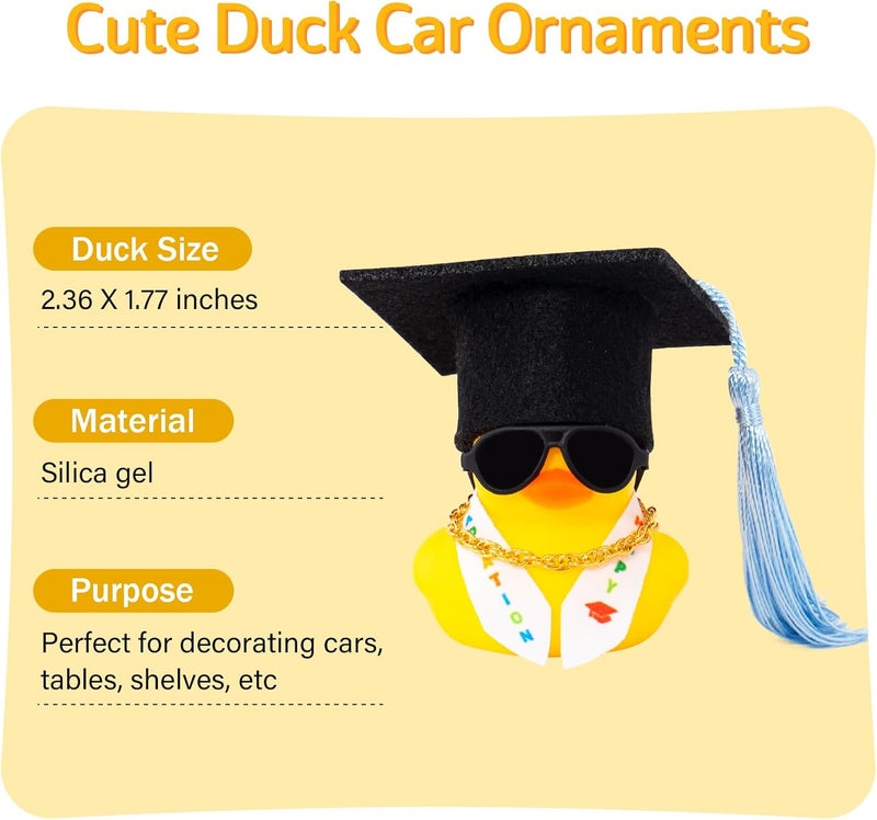 wonuu Graduation Stole Rubber Ducks, Dashboard Decorations Duck for Car Ornament Accessories with Hat Sunglasses Sash Chain (Light Blue) - Image 2